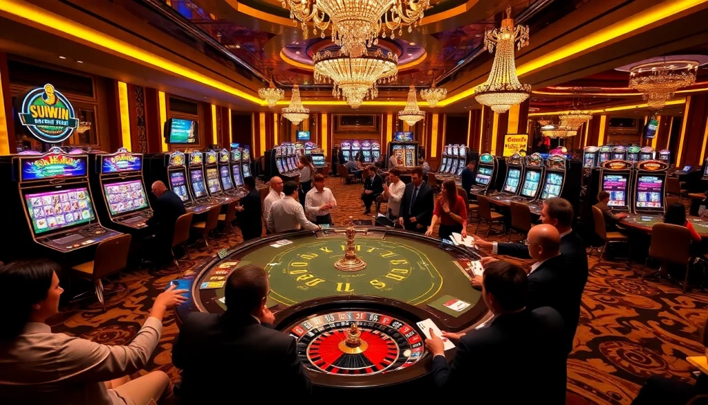 SUNWIN gaming table amidst an exciting casino atmosphere filled with players and vibrant games.