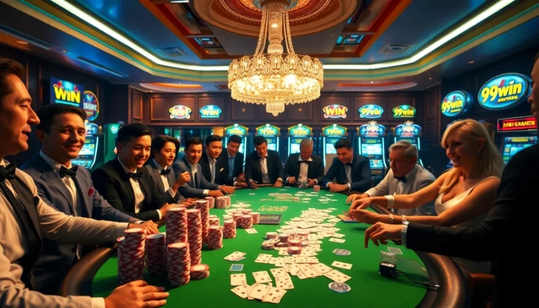 Experience the thrill of 99win as players engage in intense poker action at a luxurious casino.