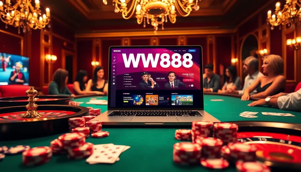 WW88 players engaging at a luxurious casino table with poker chips and cards.