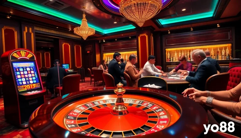 Players enjoying high-stakes poker at a luxurious casino with yo88-themed decor.