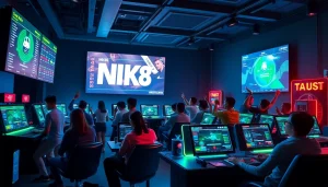 Excited players enjoying digital betting with Link NK88 in a modern gaming environment.