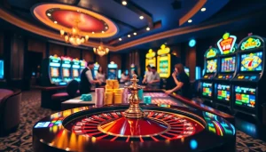 Players enjoy an exciting game at ww88 casino, featuring roulette and colorful slot machines.