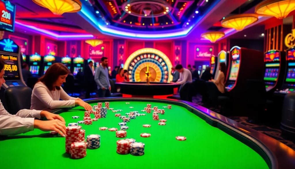 Join enthusiastic players at kuwin casino tables with vibrant poker chips and roulette excitement.