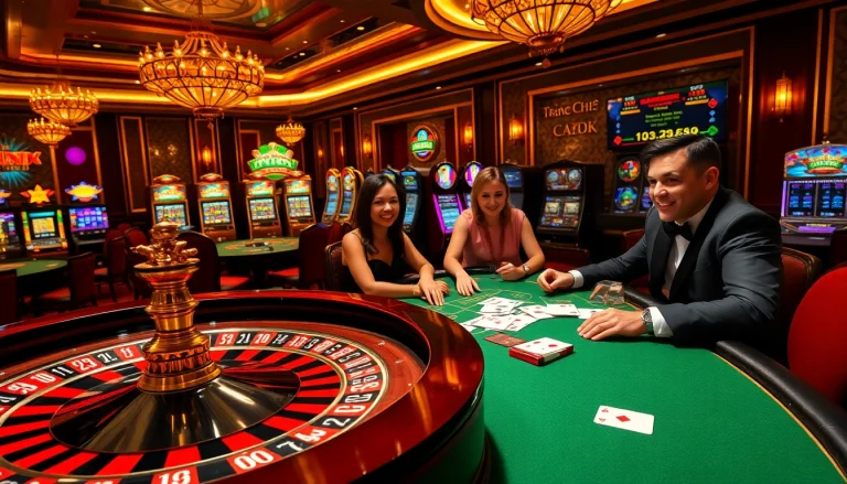 Engage with the thrilling atmosphere of trang chủ fly88 featuring a lively casino scene with vibrant slot machines and poker action.