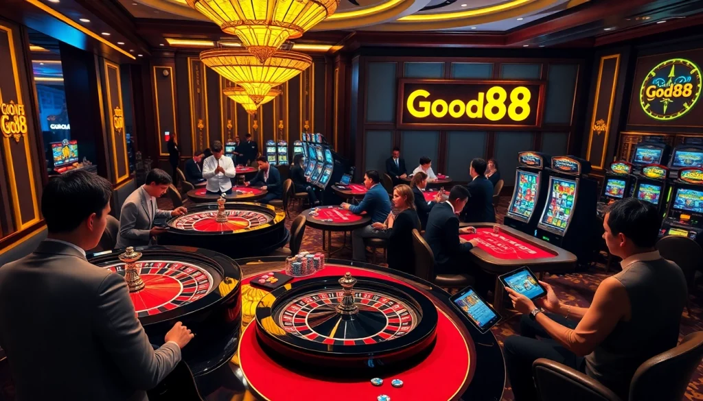 Experience the thrill of Good88 with players engaging at lively casino tables and bright slot machines.