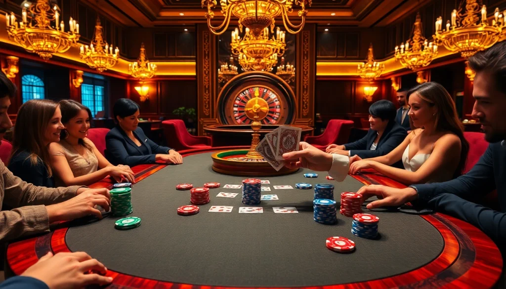 Engaged players enjoying an upscale poker game with rikvip art-themed chips and cards in a luxury casino