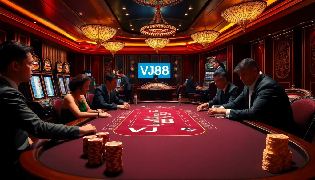 Engaging players enjoying thrills at a VJ88 casino table with vibrant poker chips.