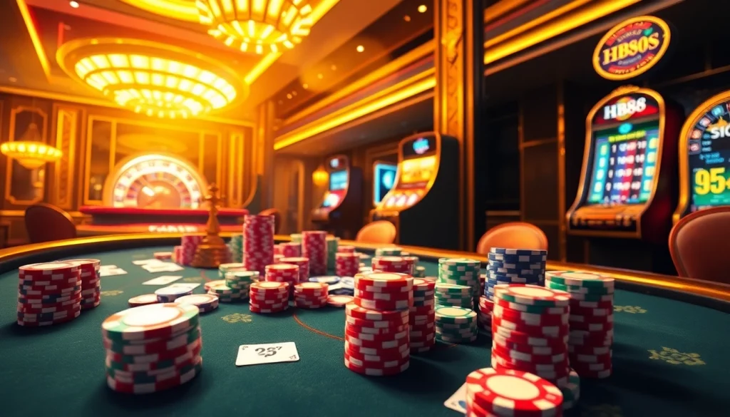 Exciting poker scene showcasing HB88 alongside colorful chips and a vibrant casino atmosphere.
