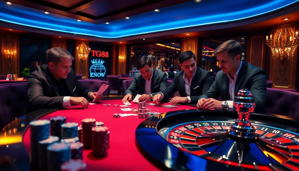 Players compete at a luxurious TG88 poker table in an exciting casino atmosphere.