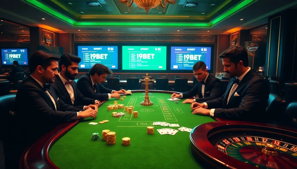 I9BET players placing bets at a high-stakes poker table in a luxurious casino.