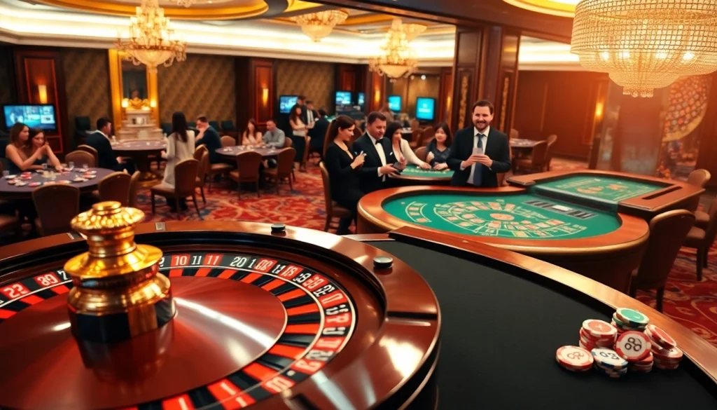 Players enjoying their experience at the luxurious 88i casino with roulette and blackjack tables
