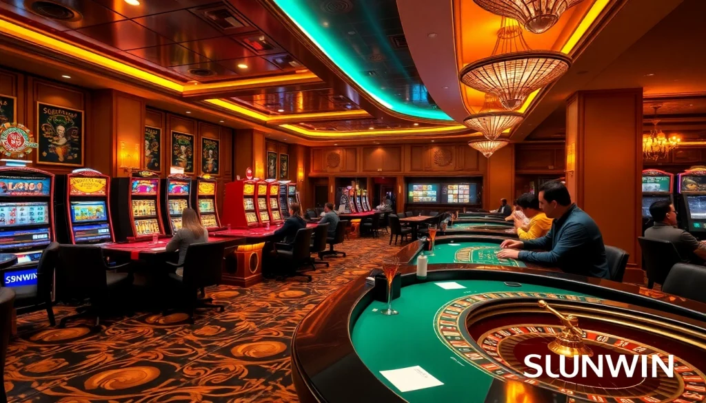 SUNWIN casino scene showcasing players enjoying poker and roulette games in a vibrant atmosphere.