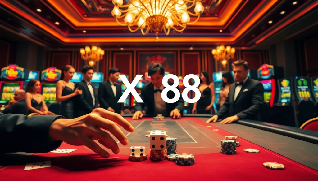 Players enjoying a thrilling poker game at a casino table with XX88 poker chips and dice.