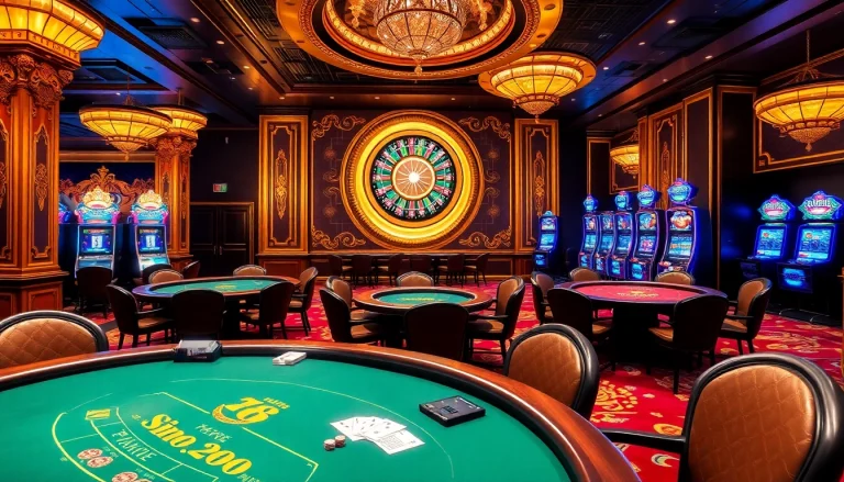 Experience the excitement of TX88 with vibrant casino tables, cards, and roulette in a luxurious setting.