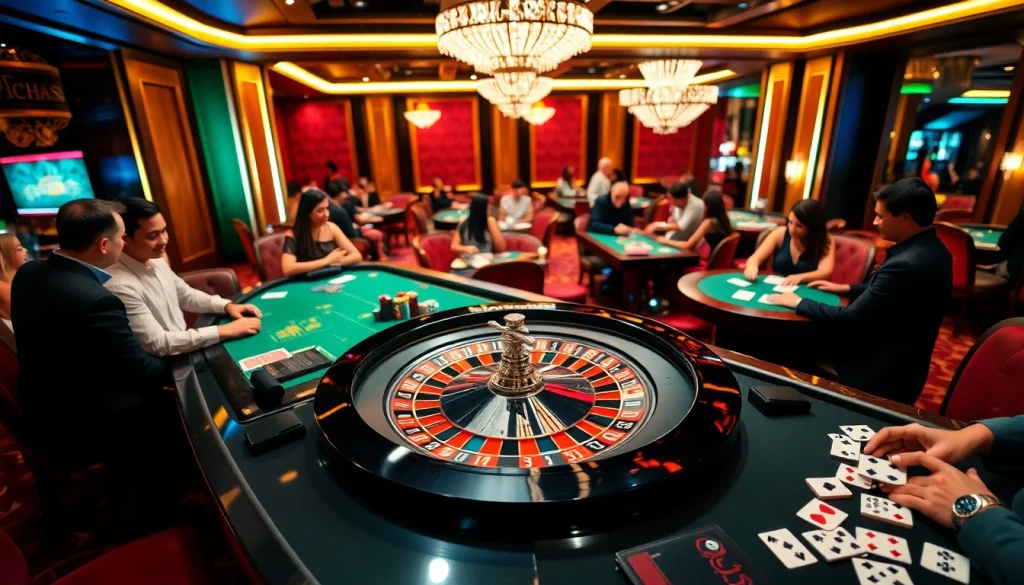 Players enjoying an exciting casino game with g88 themed decorations in a vibrant atmosphere.