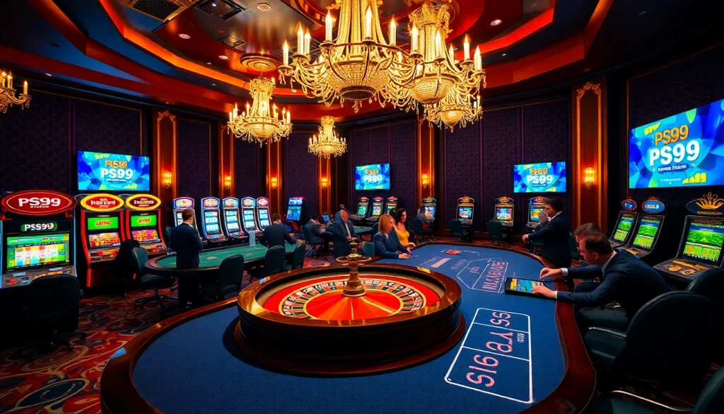 Exciting casino scene featuring link PS99 promotions and players betting at roulette and poker tables.