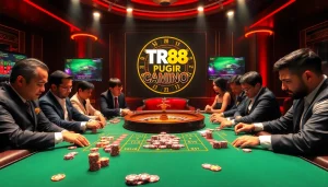 Action-packed casino game with TR88 theme showcasing poker chips and roulette.