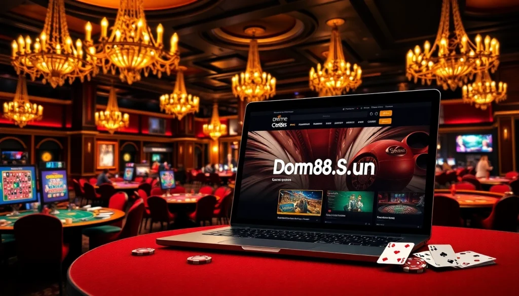 Engage with exciting games at dom88.us.com in a luxurious casino setting, featuring poker and roulette.