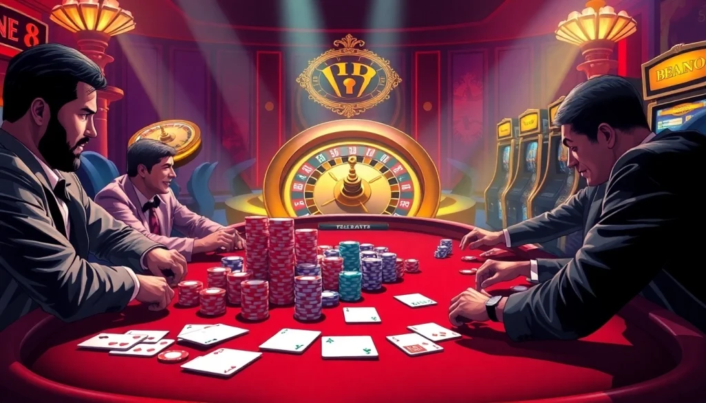 Experience the excitement of bem88 at a luxurious poker table surrounded by vibrant casino elements.