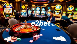 E2bet players enjoying high-stakes gambling at a luxurious casino table with colorful chips.