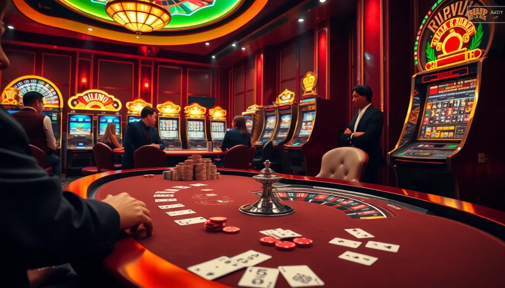 Engaging casino action showcasing rikvip art with poker chips and a roulette wheel.