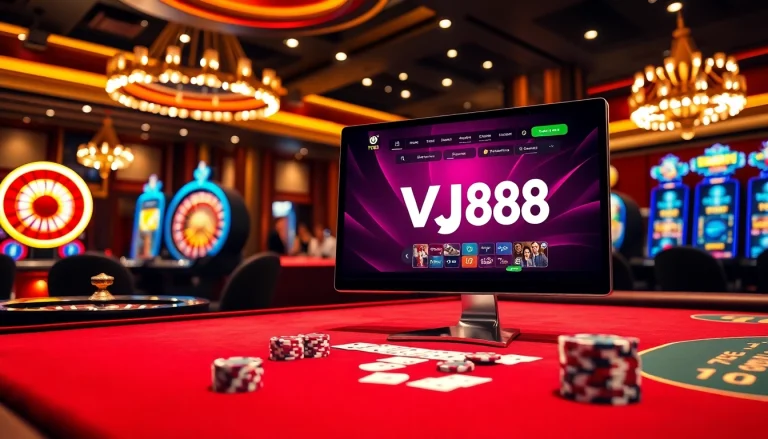 Experience dynamic gambling action with VJ88 at a luxurious casino table featuring cards and chips.