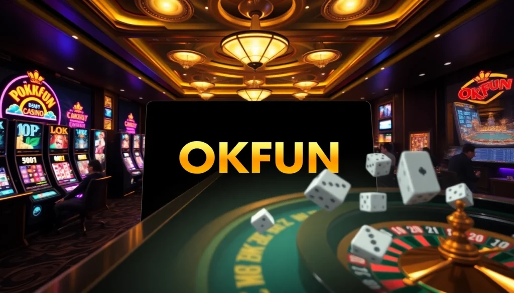 Engaging OKFUN casino online gambling interface with vibrant slot machines and poker tables