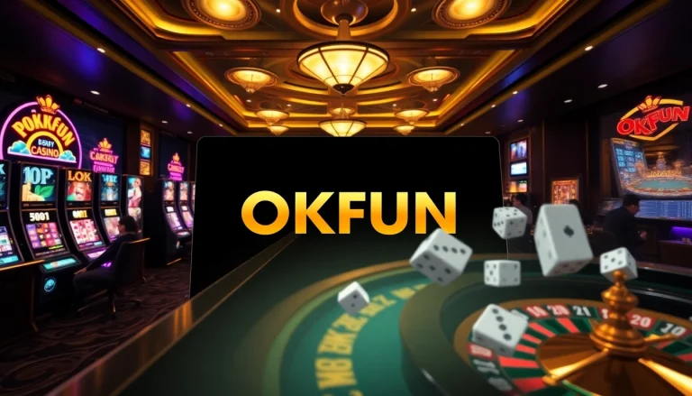 Engaging OKFUN casino online gambling interface with vibrant slot machines and poker tables