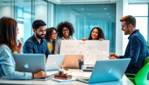 Collaborative meeting at a website development agency showcasing teamwork and creativity.