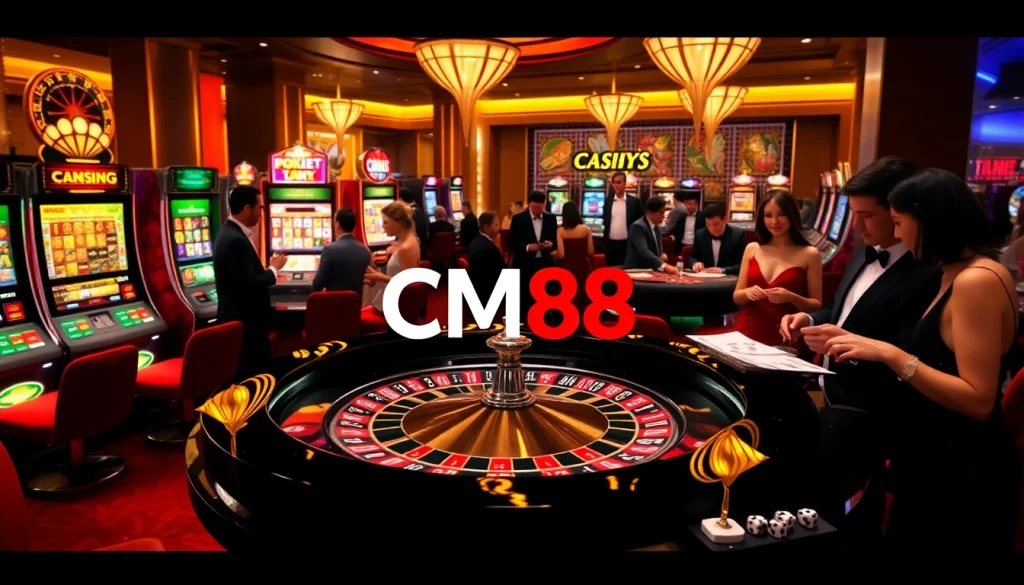 Experience an exciting casino atmosphere at CM88 with roulette, poker chips, and vibrant slot machines.