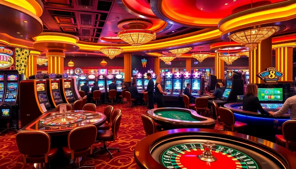 Experience the thrill of gambling at ABC 8's luxurious casino atmosphere with poker tables and slot machines.