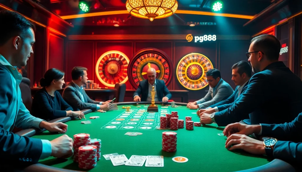 Players enjoying a lively poker game at pg88 casino with colorful chips and cards.