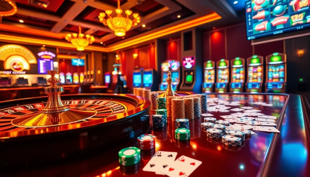 Experience the thrill of gambling at trang chủ fly88 with vibrant casino visuals featuring roulette wheels and poker chips.