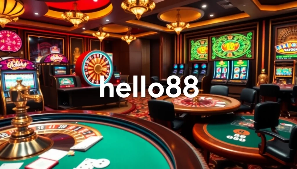 Experience the thrill of betting at hello88 casino with vibrant poker tables and roulette wheels.