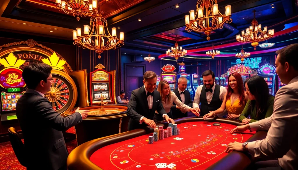 Gamblers enjoying a high-stakes poker game at 33win casino, surrounded by colorful chips and cards.