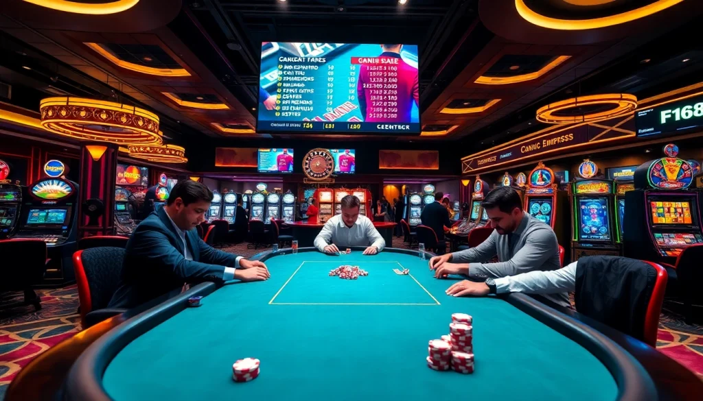 Experience high-stakes gaming at F168 Casino, featuring poker tables, roulette wheels, and vibrant slot machines.
