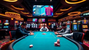 Experience high-stakes gaming at F168 Casino, featuring poker tables, roulette wheels, and vibrant slot machines.