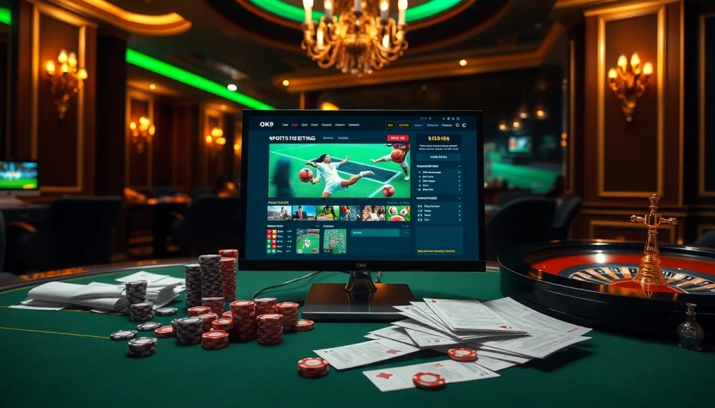 Engaging scene of online betting with OK9 thể thao platform, showcasing excitement and professional gambling atmosphere.