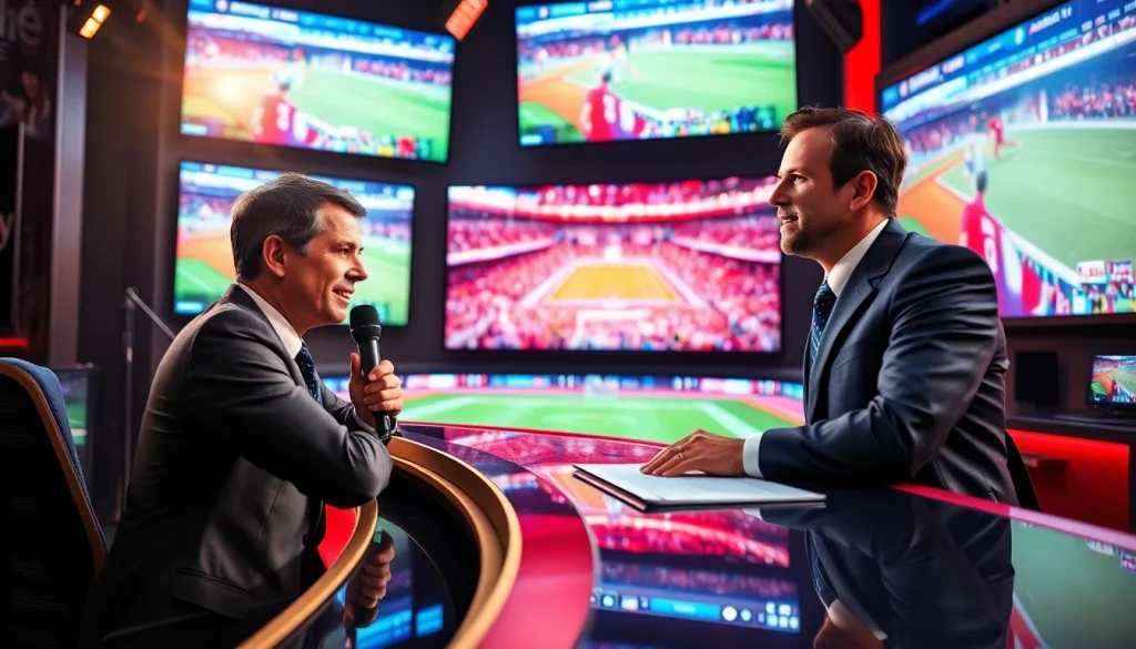 Engaging Sports Broadcasting scene with a passionate commentator and live game highlights.