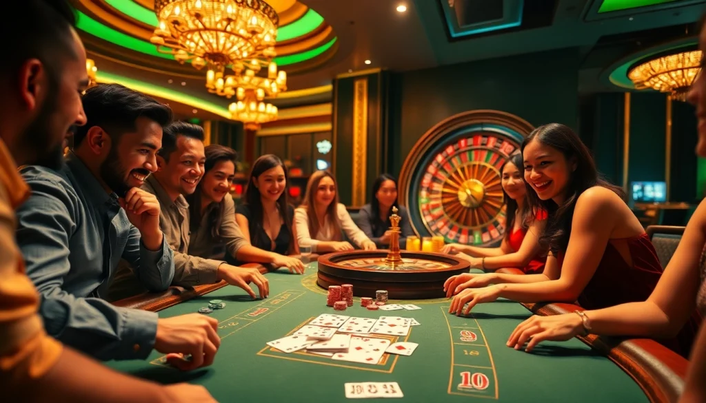 Players celebrating a win at a lively poker table during an X88 tours casino experience.