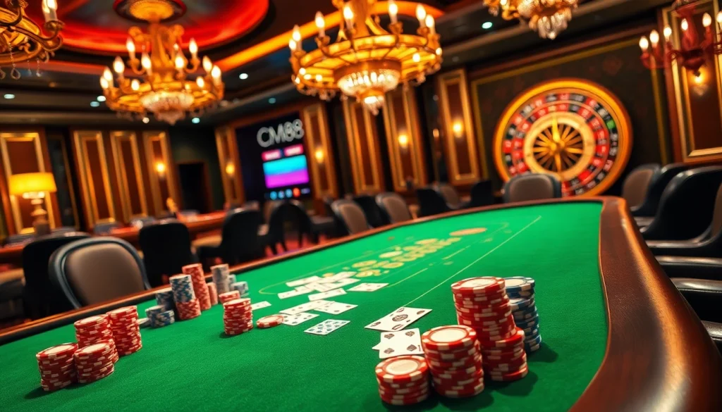Gamblers strategize at a high-stakes poker table in a luxurious CM88 casino, illuminated with warm lighting.