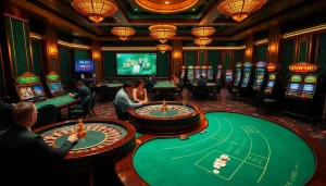 KUWIN players celebrating a big win at a luxurious online casino table with vibrant chips and cards.