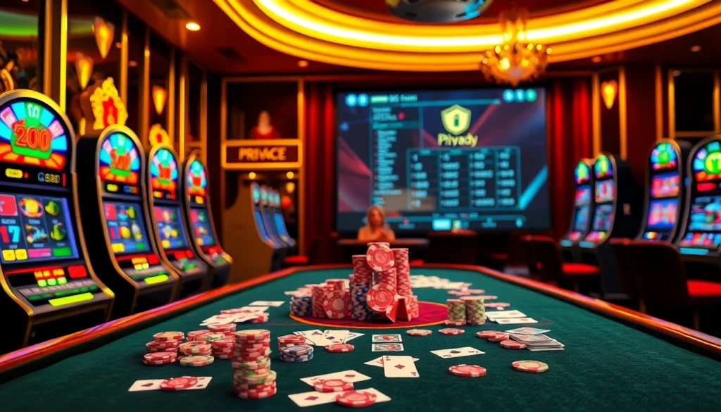 Experience the thrill of gambling with quyền riêng tư 888now at a luxurious casino table surrounded by colorful poker chips and bright slot machines.