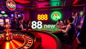 Join the excitement at 888new as players engage with roulette and poker tables in a vibrant casino setting.