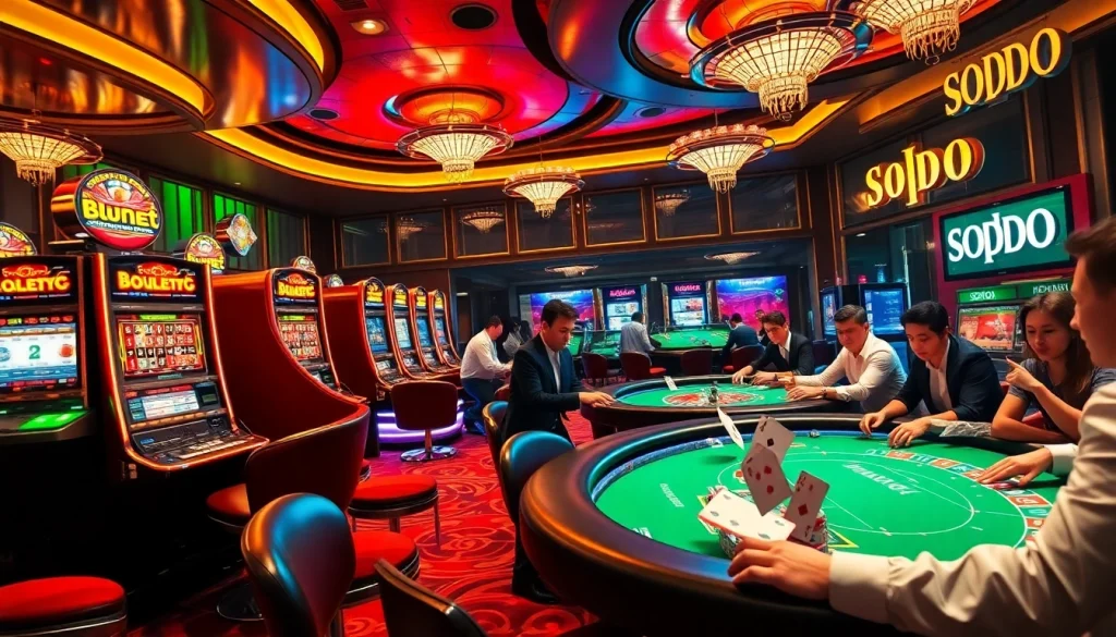 SODO-themed casino scene with players enjoying poker, colorful slot machines, and a roulette wheel, highlighting excitement.