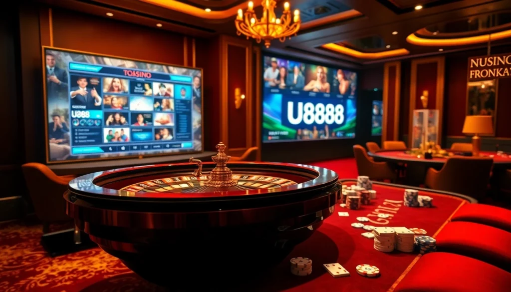 U888 gaming scene with roulette table, poker chips, and players celebrating wins.