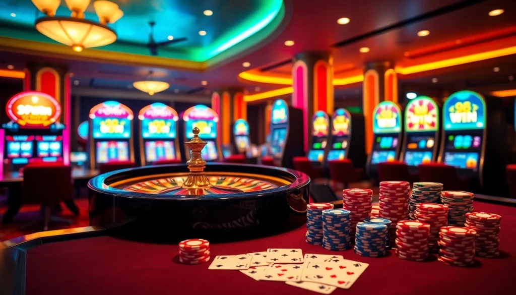 Experience the excitement of a glamorous casino with a roulette wheel and "98 win" displayed on slot machines.