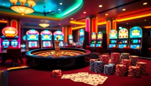 Experience the excitement of a glamorous casino with a roulette wheel and "98 win" displayed on slot machines.