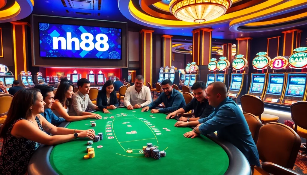 Players engaging in a high-stakes poker game at a luxurious casino featuring nh88.