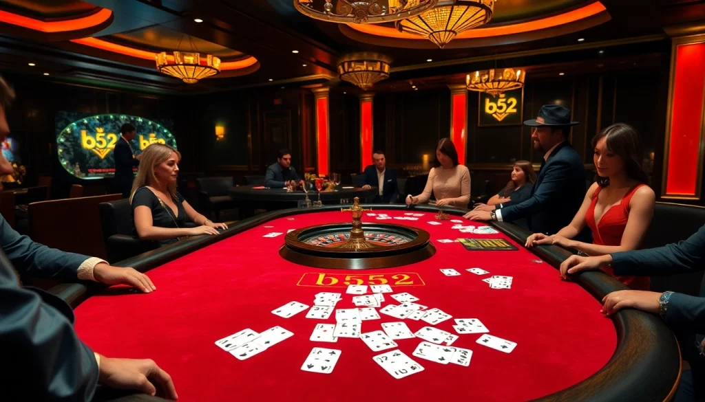 B52 players enjoying a riveting game at a luxurious casino table with vibrant chips and cards.